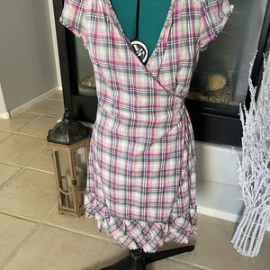 Converse One Star Dress Women M 100% cotton Vneck Pink gray Plaid Wrap Ruffle